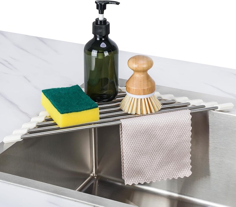 Tomorotec Triangle Roll-Up Dish Drying Rack Sink Corner Small Foldable Stainless Steel Over The Sink Multipurpose Kitchen Drainer Caddy Organizer Storage Shelf Holder (Coconut Milk White) - Image 1