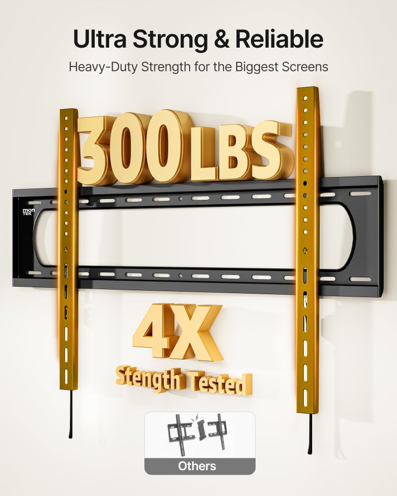 monTEK Heavy Duty Fixed TV Wall Mount Bracket for 60â€“120" Flat & Curved TVs up to 300lbs, 4Ã— Load Tested, Ultra Slim 1.3" Low Profile, Max VESA 900x600, Quick-Release Lock, Fits 16"/18"/24" Wood Studs - Image 3