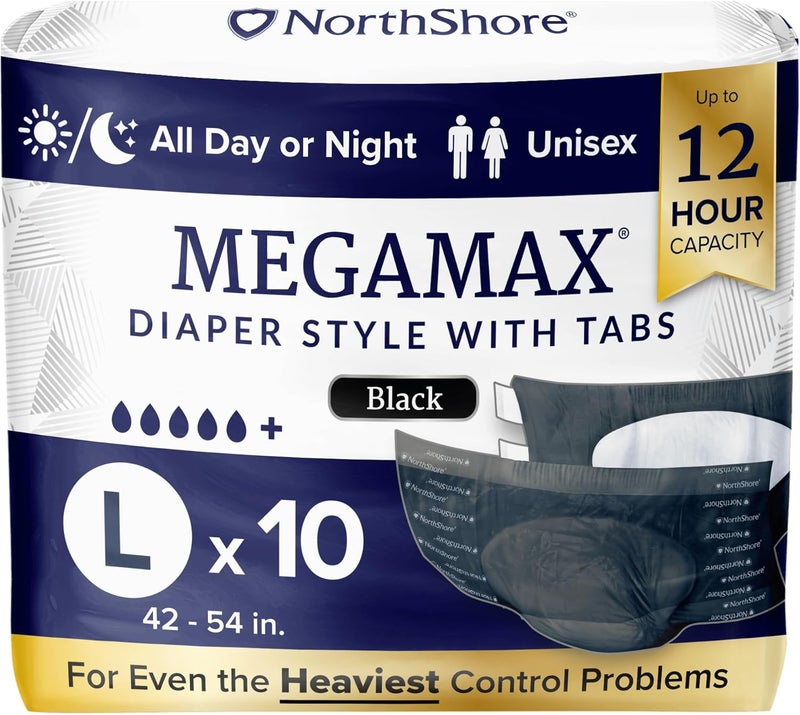 NorthShore MegaMax Adult Overnight Diapers 12Hour TabStyle Large 10 Count Bag Black 4254 inches Unisex Incontinence Underwear - Image 1