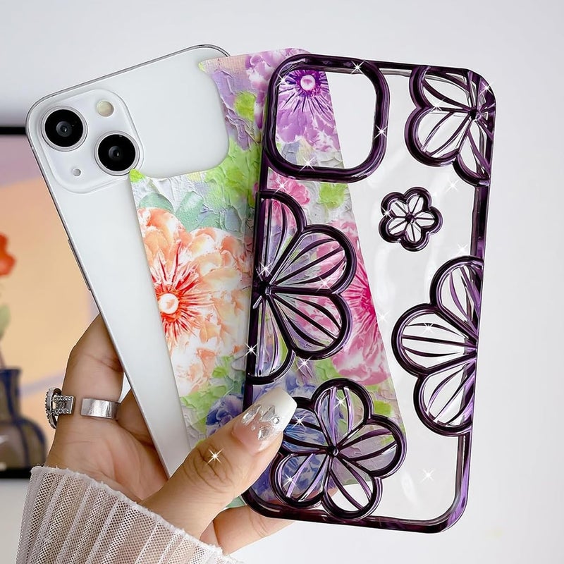 Mobistyle Designed for iPhone 15 Cover | Electroplating Bling Colourful 3D Floral Design Camera Protection TPU Back Cover Case for Girls & Women (Purple Electroplating Floral) - Image 3