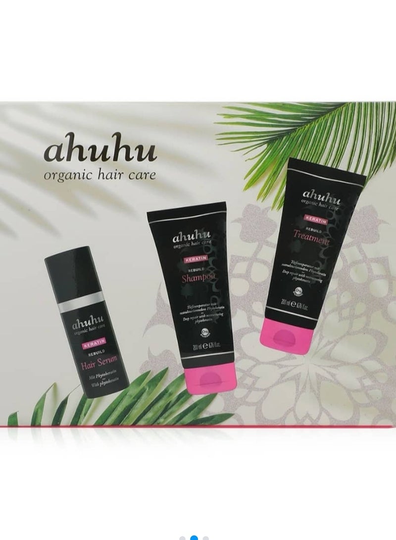 ahuhu organic hair care set (Keratin REBUILD Shampoo + Keratin REBUILD Treatment + Keratin REBUILD Hair Serum) - Image 1