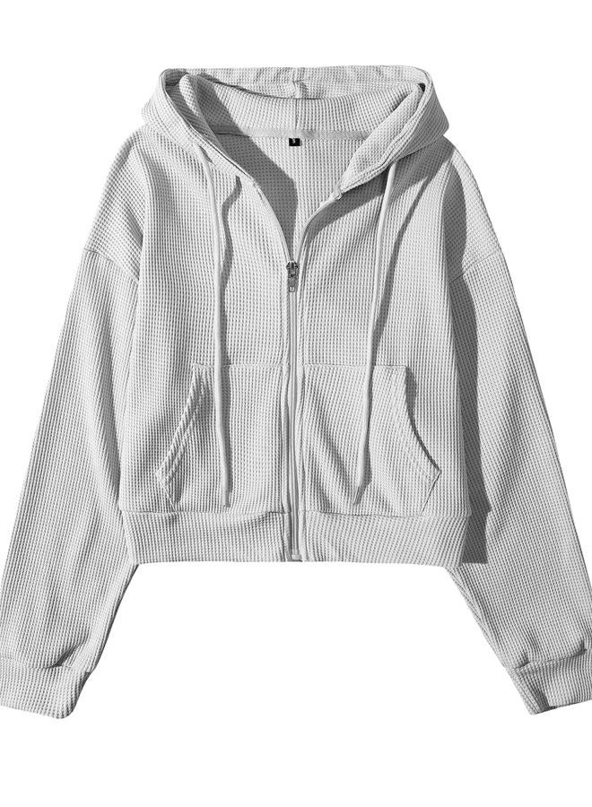 Yimoon Womens Waffle Knit Cropped Zip Up Hoodie Vintage Sweatshirt Casual Long Sleeve Hooded Sweatshirts, Grey, L - Image 1