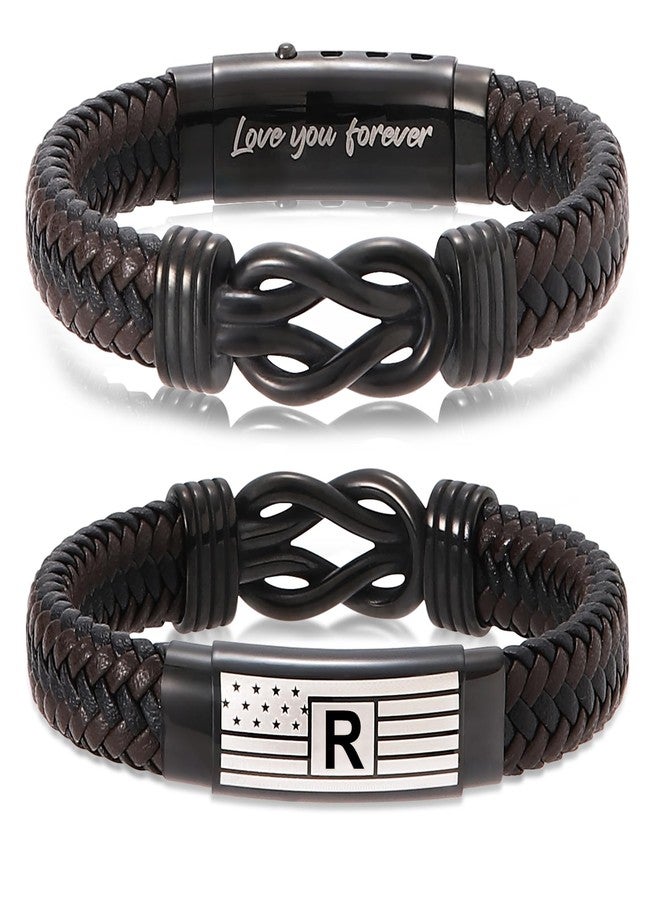 HSM Mens Bracelet with Engraved Flag & “Love You Forever” Message - Adjustable Leather Bracelet with Initial Clasp, Gift Boxed - Stylish Pulseras Para Hombres, Initial Bracelet for Boyfriend, Son, Husband - Image 1