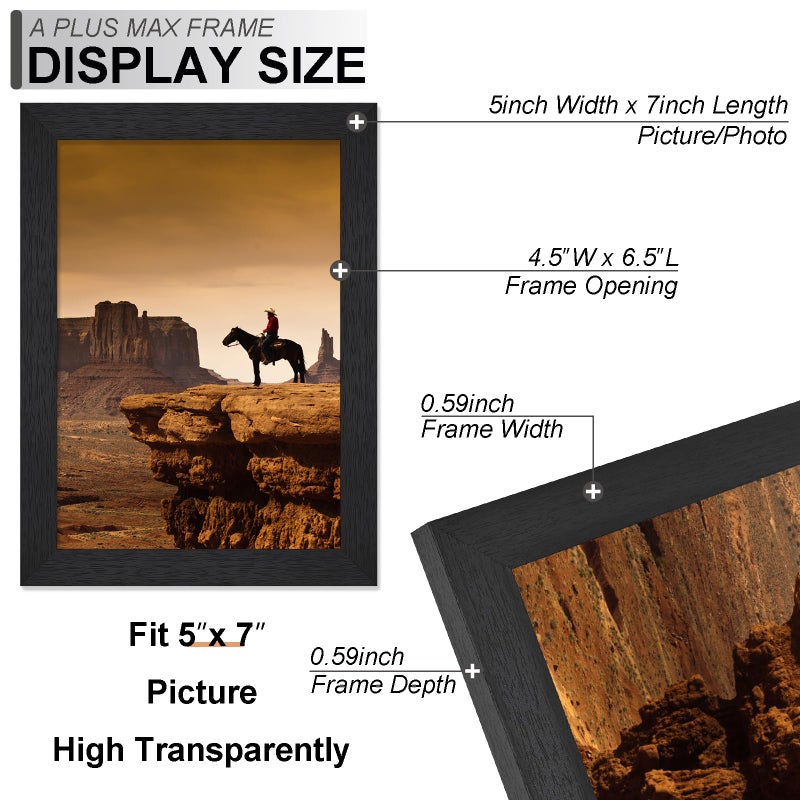 A PLUS MAX 5x7 Picture Frame, Engineered Wood Frame Display Photo 4x6 with Mat or 5 x 7 without Mat, 5 by 7 Frame with Black Wood Grain for Wall - 1 Pack/Black/5"x7" - Image 3