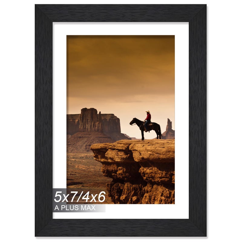 A PLUS MAX 5x7 Picture Frame, Engineered Wood Frame Display Photo 4x6 with Mat or 5 x 7 without Mat, 5 by 7 Frame with Black Wood Grain for Wall - 1 Pack/Black/5"x7" - Image 1