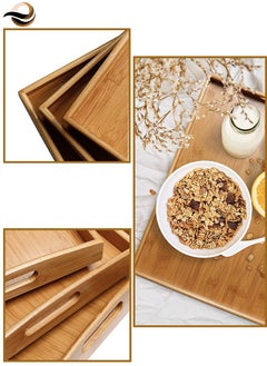Eworld Stackable Bamboo Serving Tray With Handles, Set of 3 Sizes Decorative Nesting Wooden Trays to Serve Food, Coffee and Breakfast in Bed  - Image 5