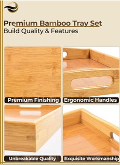 Eworld Stackable Bamboo Serving Tray With Handles, Set of 3 Sizes Decorative Nesting Wooden Trays to Serve Food, Coffee and Breakfast in Bed  - Image 3