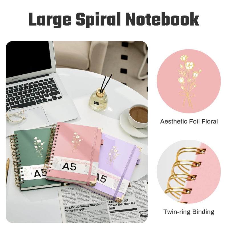 Ovesmusl Hardcover Spiral Notebooks 6.1" X 8.4" Note Taking 5 Subject Notebook College Ruled with Dividers 240 Pages 100GSM Aesthetic Spiral Notebook for Work School Cute Journals for Women Writing, Pink - Image 4
