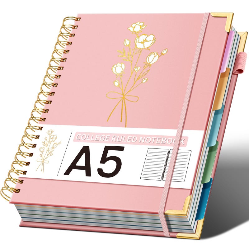 Ovesmusl Hardcover Spiral Notebooks 6.1" X 8.4" Note Taking 5 Subject Notebook College Ruled with Dividers 240 Pages 100GSM Aesthetic Spiral Notebook for Work School Cute Journals for Women Writing, Pink - Image 1