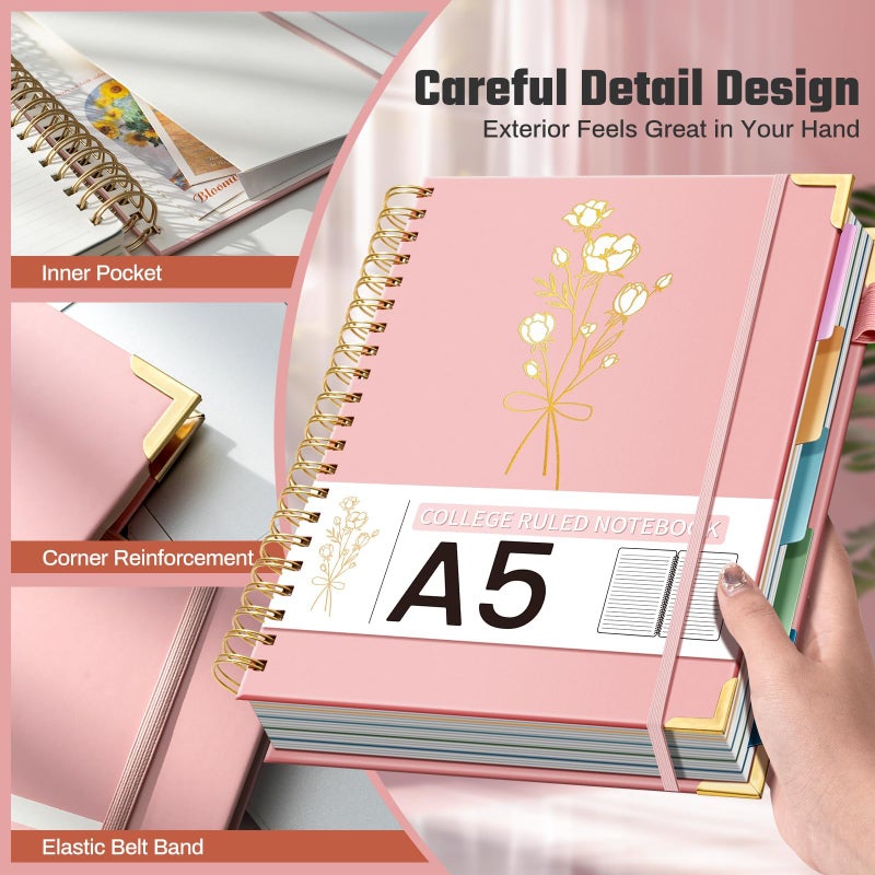 Ovesmusl Hardcover Spiral Notebooks 6.1" X 8.4" Note Taking 5 Subject Notebook College Ruled with Dividers 240 Pages 100GSM Aesthetic Spiral Notebook for Work School Cute Journals for Women Writing, Pink - Image 3