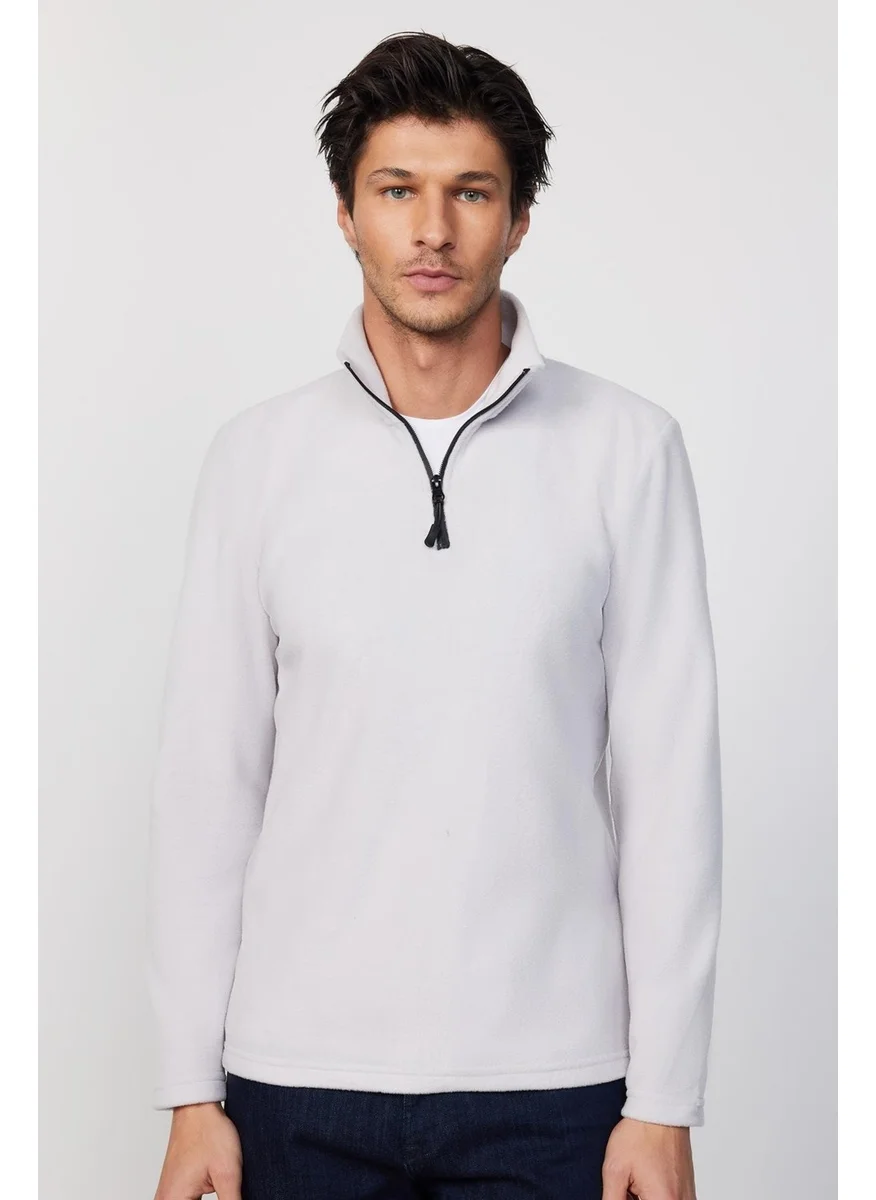 Tudors Men's Standard Fit Comfortable Cut Non-Pilling Cold Proof Ecru Stand Collar Fleece Sweatshirt