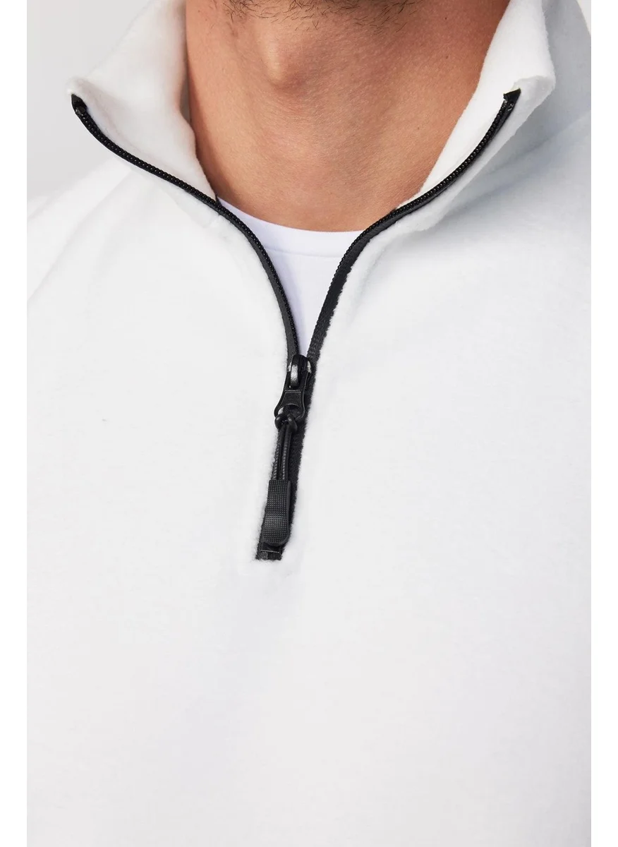 Tudors Men's Standard Fit Comfortable Cut Non-Pilling Cold Proof Ecru Stand Collar Fleece Sweatshirt
