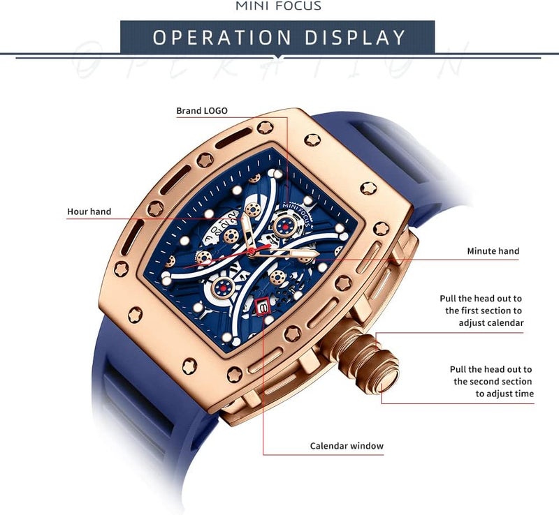 MF MINI FOCUS Mini Focus Unique Men Watch Tonneau Casual Wrist Watch (Hollow/Waterproof/Super Luminous/Calendar) Soft Silicon Band Fashion Cool Watch for Men - Image 4