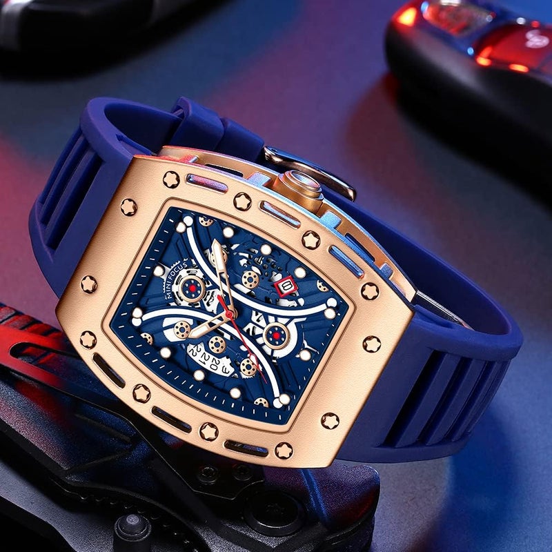 MF MINI FOCUS Mini Focus Unique Men Watch Tonneau Casual Wrist Watch (Hollow/Waterproof/Super Luminous/Calendar) Soft Silicon Band Fashion Cool Watch for Men - Image 1