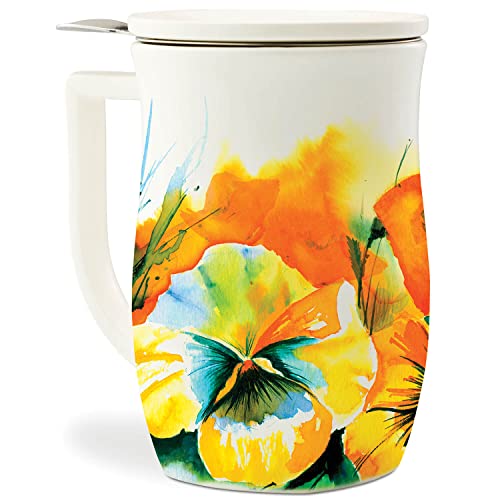 Tea Forte Ceramic Fiore Cup with Handle, Removeable Stainless Steel Infuser Basket and Lid, Steeps 14 oz Loose Leaf Tea, Dishwasher & Microwave Safe, Wild Poppy - Image 1