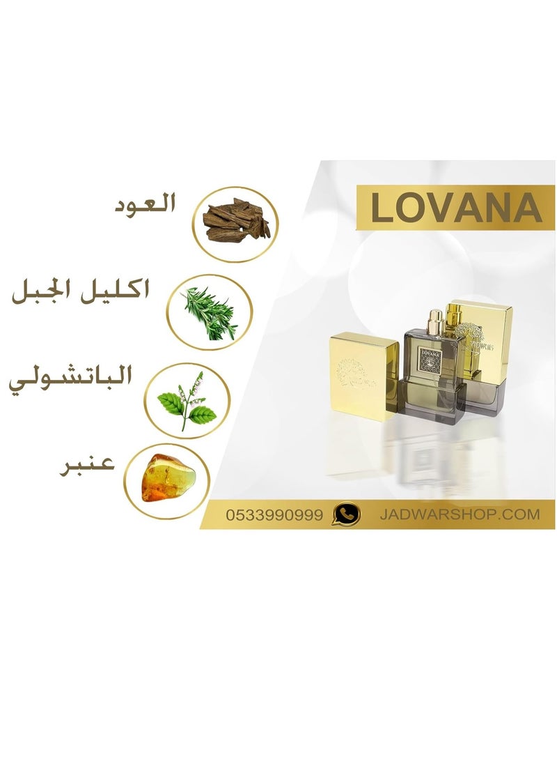 "Luvana Perfume 70ml by Jedwar Iqtnaa expresses the strength and attraction of modern men. This fragrance embraces luxurious woody notes with refreshing citrus touches, giving you a feeling of freshness and confidence. It features a long-lasting formula, making it the perfect companion for every occasion. Enjoy your attraction to others with the unique Luvana perfume."