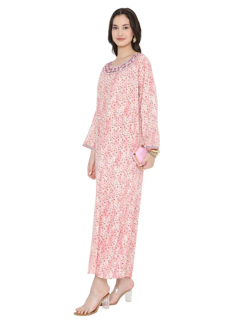 HANA & SARA Tiny Flower Printed and Neck Embroidered Long Arabic Farasha Kaftan Dresses