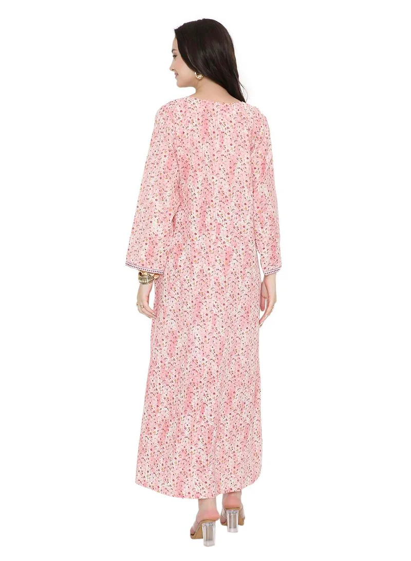 هانا آند سارا Tiny Flower Printed and Neck Embroidered Long Arabic Farasha Kaftan Dresses