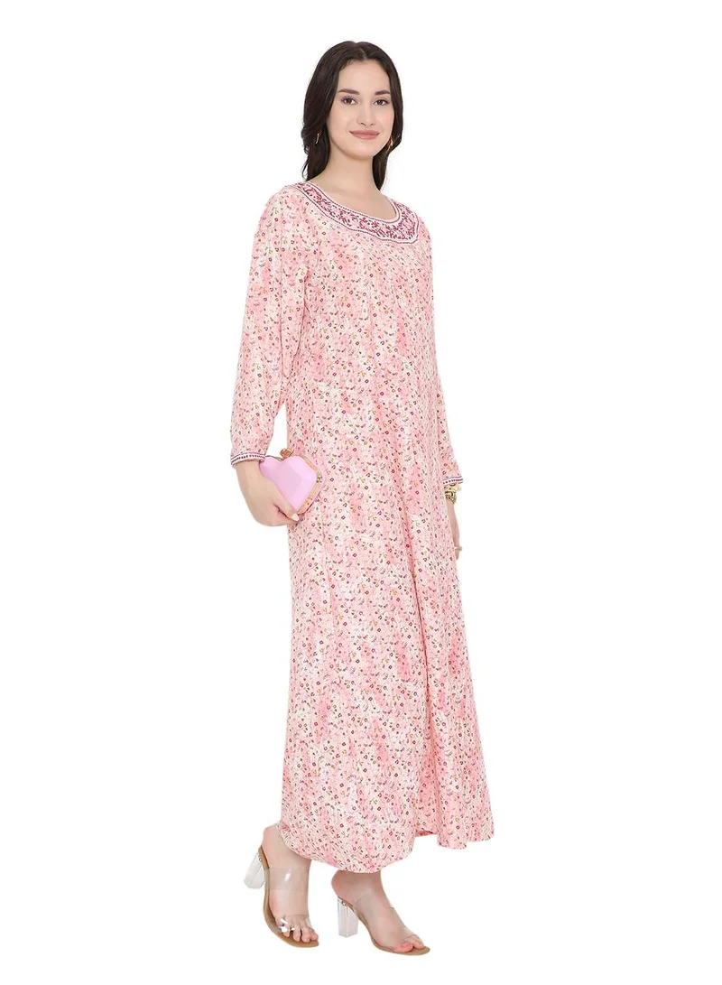 هانا آند سارا Tiny Flower Printed and Neck Embroidered Long Arabic Farasha Kaftan Dresses