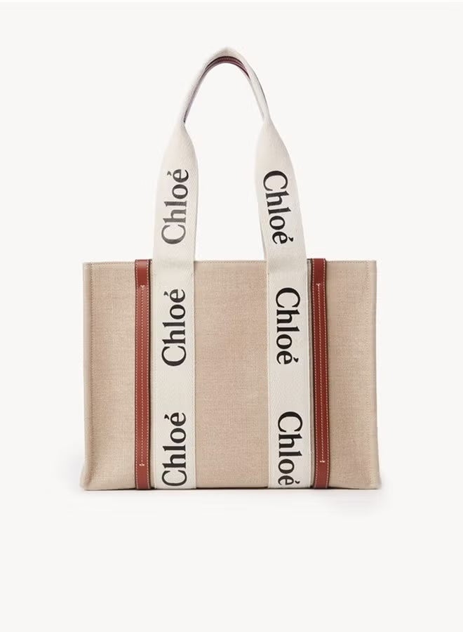 Chloé Woody الكتان حقيبة توت النسائية الوسطى، حقيبة كتف واحدة النسائية، حقيبة يد نسائية، حقيبة سفر نسائية، حقيبة تسوق نسائية، أبيض وبني -37 سم - Image 1