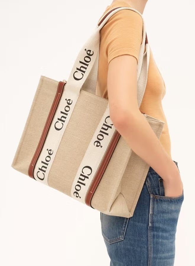 Chloé Woody الكتان حقيبة توت النسائية الوسطى، حقيبة كتف واحدة النسائية، حقيبة يد نسائية، حقيبة سفر نسائية، حقيبة تسوق نسائية، أبيض وبني -37 سم - Image 2