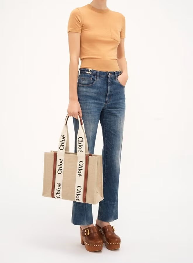 Chloé Woody الكتان حقيبة توت النسائية الوسطى، حقيبة كتف واحدة النسائية، حقيبة يد نسائية، حقيبة سفر نسائية، حقيبة تسوق نسائية، أبيض وبني -37 سم - Image 4