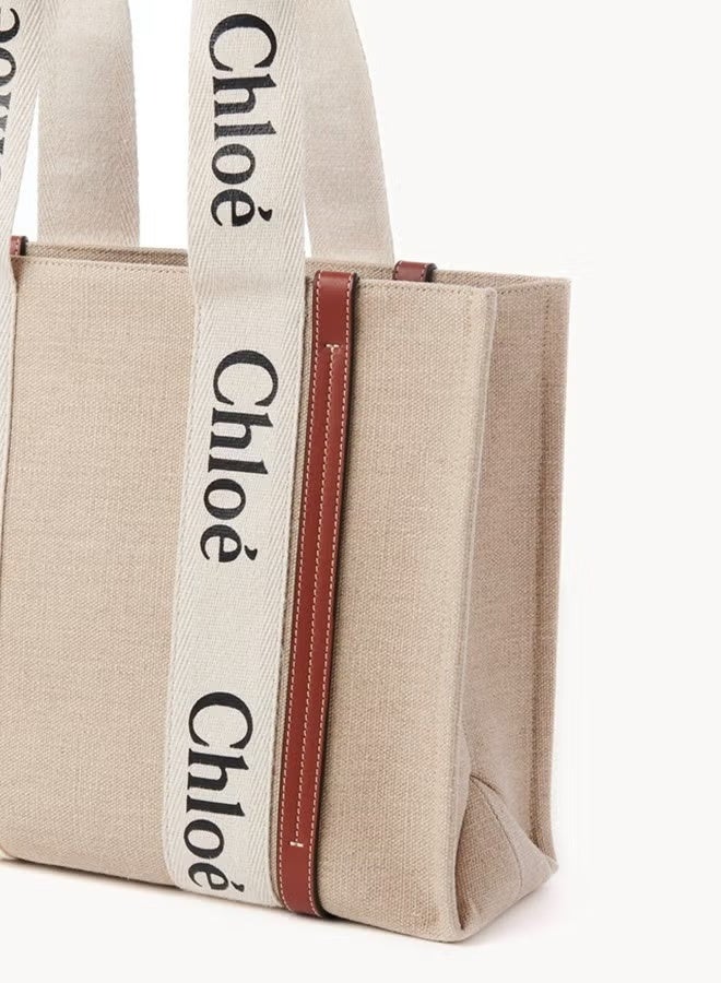 Chloé Woody الكتان حقيبة توت النسائية الوسطى، حقيبة كتف واحدة النسائية، حقيبة يد نسائية، حقيبة سفر نسائية، حقيبة تسوق نسائية، أبيض وبني -37 سم - Image 3