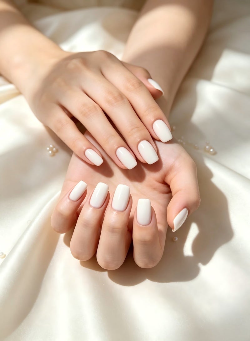 finlochee. Press On Nails Short Coffin Shape Pure White Glossy Natural Look Artificial Nails Set Full Cover Fake Nails Reusable Stick On Nails Soft Gel Acrylic Nail Kit Elegant Minimalist Nails For Women Daily Wear Office Wedding Eid Party Salon Style Long Lasting Damage Free Nails - Image 1