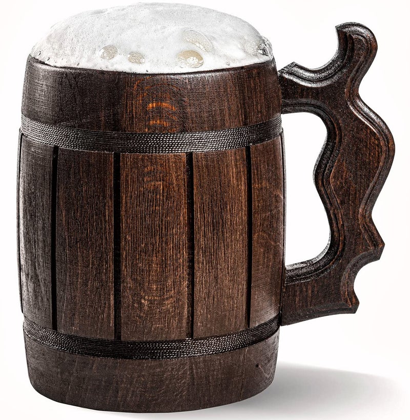 HOZPROM Handmade Wooden Rustic Beer Mug Real Oak Ecofriendly Wood Stainless Steel Cup 20 oz600ml Etno Motif Wood Viking Stein  Beer Tankard Irish Retro Halloween  Cowboys Beer Mug 