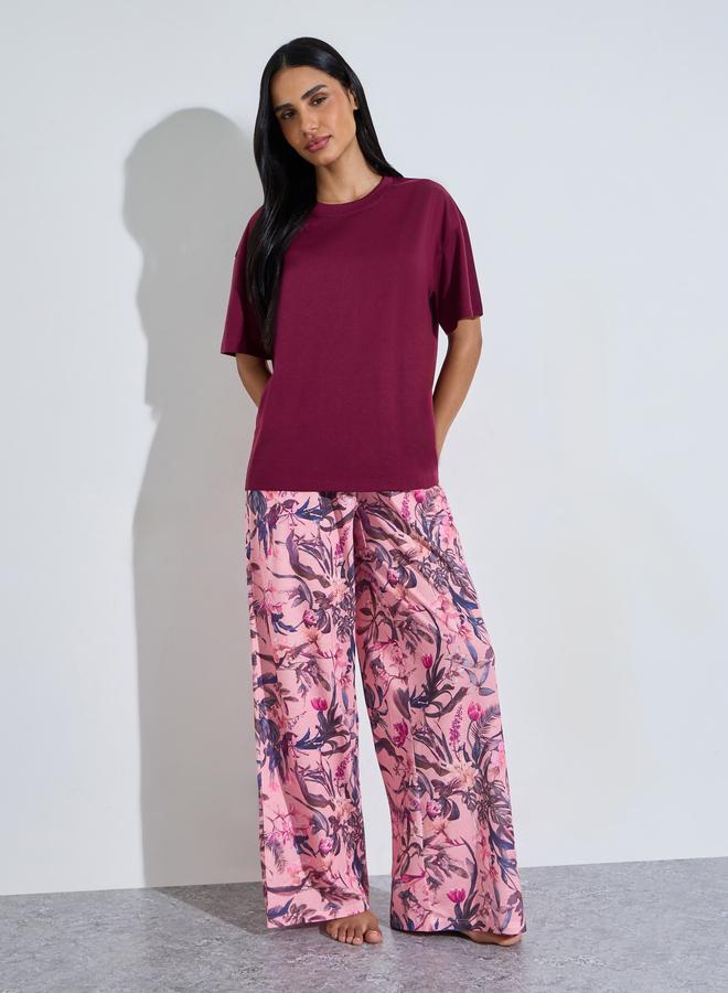 Styli Multi-Color Solid T-Shirt and Wide Leg Printed Pants Pyjama Set - Image 1