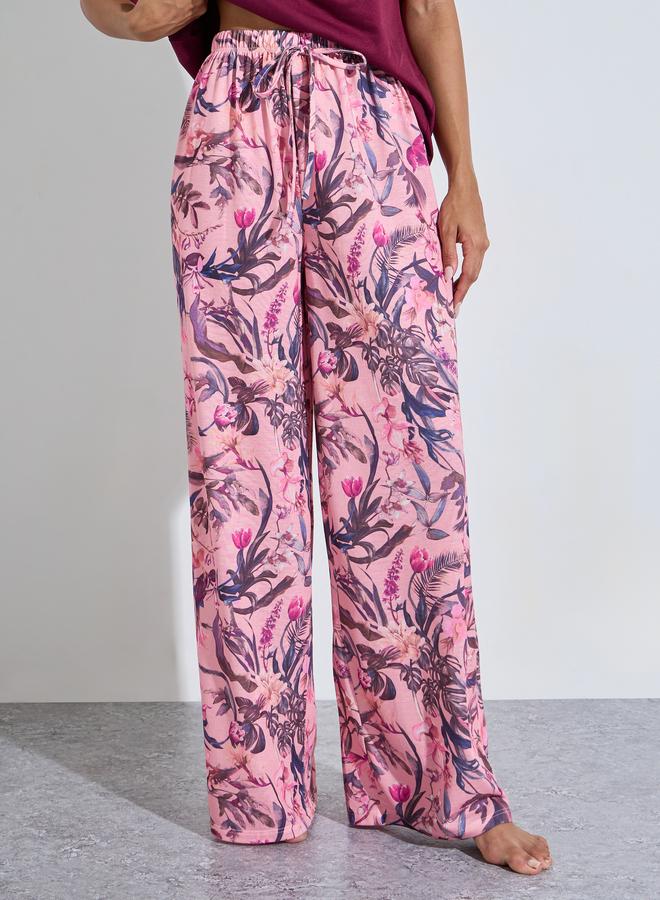 Styli Multi-Color Solid T-Shirt and Wide Leg Printed Pants Pyjama Set - Image 4