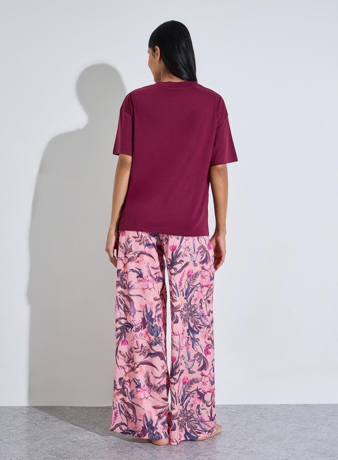 Styli Multi-Color Solid T-Shirt and Wide Leg Printed Pants Pyjama Set - Image 5