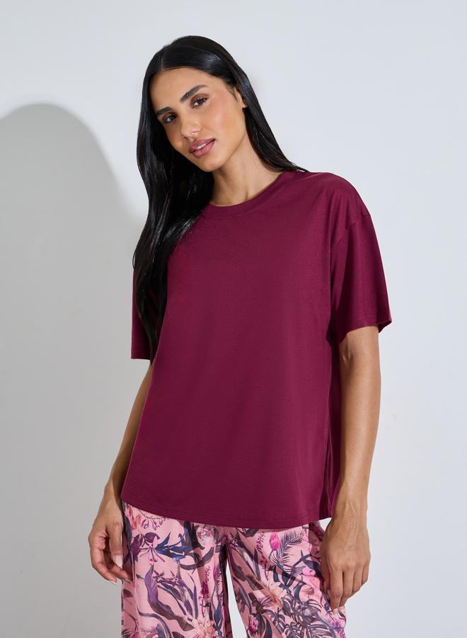 Styli Multi-Color Solid T-Shirt and Wide Leg Printed Pants Pyjama Set - Image 2