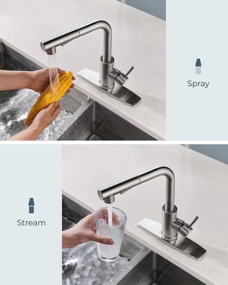 FORIOUS Kitchen Faucets with Pull Down Sprayer, Brushed Nickel Stainless Steel, Single Handle Classic Pull Out Sink Faucet for Farmhouse Bar Laundry RV, with Deck Plate for 1 or 3 Holes - Image 3