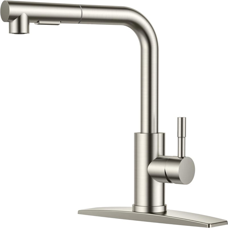 FORIOUS Kitchen Faucets with Pull Down Sprayer, Brushed Nickel Stainless Steel, Single Handle Classic Pull Out Sink Faucet for Farmhouse Bar Laundry RV, with Deck Plate for 1 or 3 Holes - Image 1