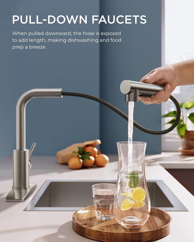FORIOUS Kitchen Faucets with Pull Down Sprayer, Brushed Nickel Stainless Steel, Single Handle Classic Pull Out Sink Faucet for Farmhouse Bar Laundry RV, with Deck Plate for 1 or 3 Holes - Image 2