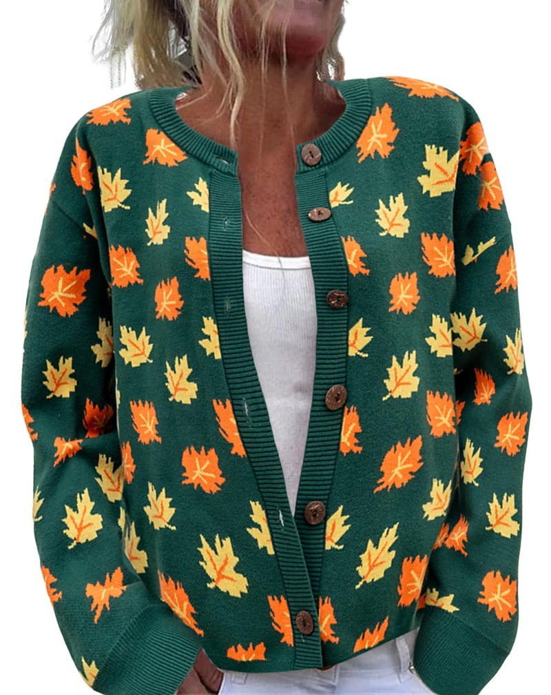 Beopjesk Women's Funny Fall Long Sleeve Halloween Autumn Leaves Button Knit Cardigan Sweater Vintage Knitted Outerwear (Halloween-Green,XL) - Image 1
