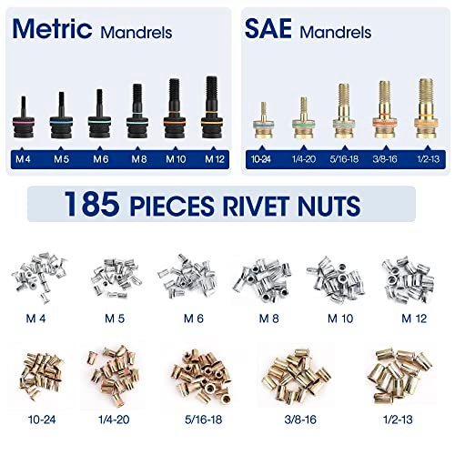 WORKPRO 16" Rivet Nut Tool, 11 Metric/SAE Quick-Change Mandrels & 185pcs Rivnuts Assortment Kit, Threaded Rivnut Tool Kit, Manual Riveter with Carrying Case - Image 4