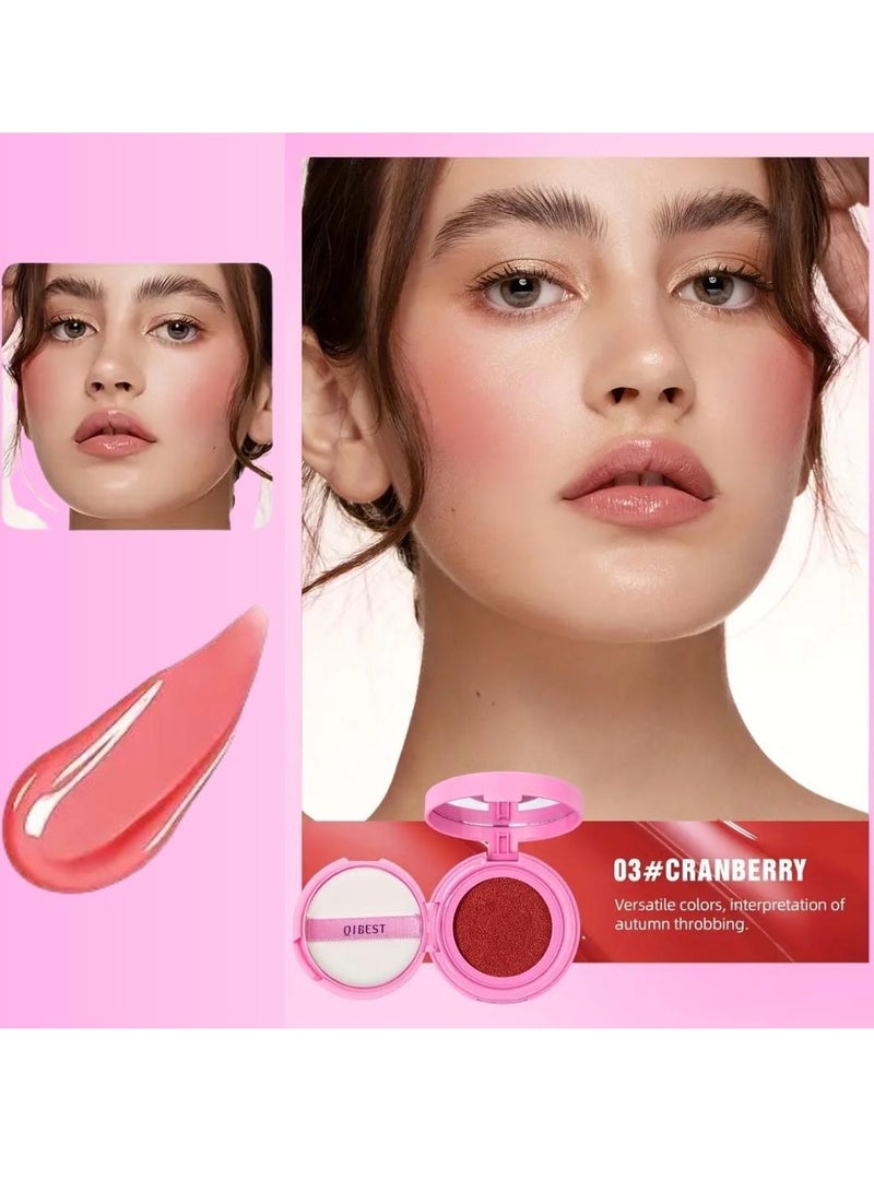 QiBest أحمر خدود كوشن ناعم لامع وجه عالي الصبغة مكياج طويل الأمد وخفيف الوزن بودرة أحمر خدود فضفاضة كوشن هواء أحمر خدود طبيعي للخدود #03 توت بري - Image 3