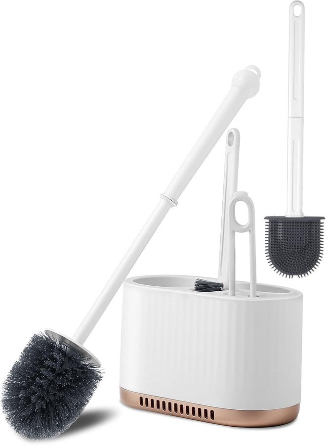 Vasukie Silicone Toilet Brush and Holder Set, with a Extra Crevice Cleaning Brush Deep Cleaning Toilet Bowl Brush for Bathroom Toilet Brushes for Bathroom Wall Mounted Water Drop (4IN1 White) - Image 1