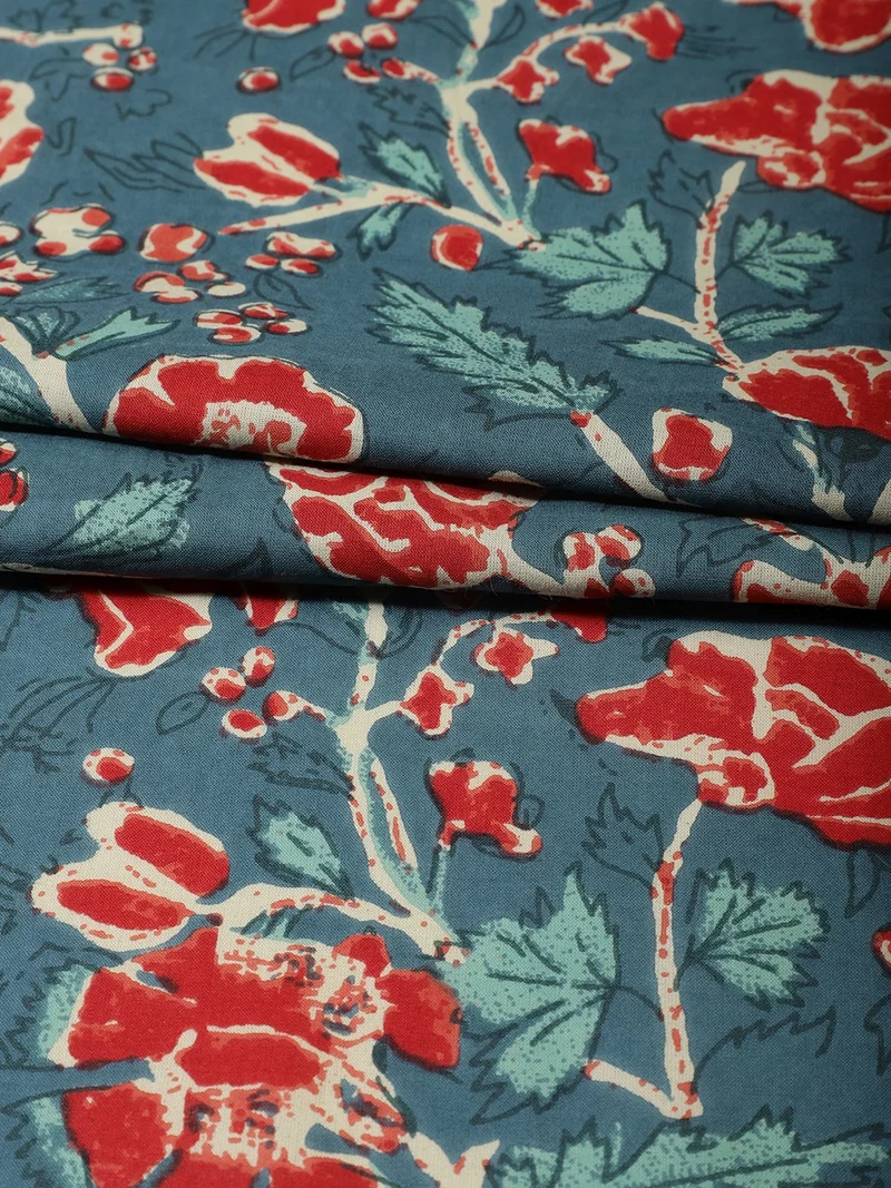 أيه كيه إس Teal & Crimson Hand-Block Fabric, One Meter
