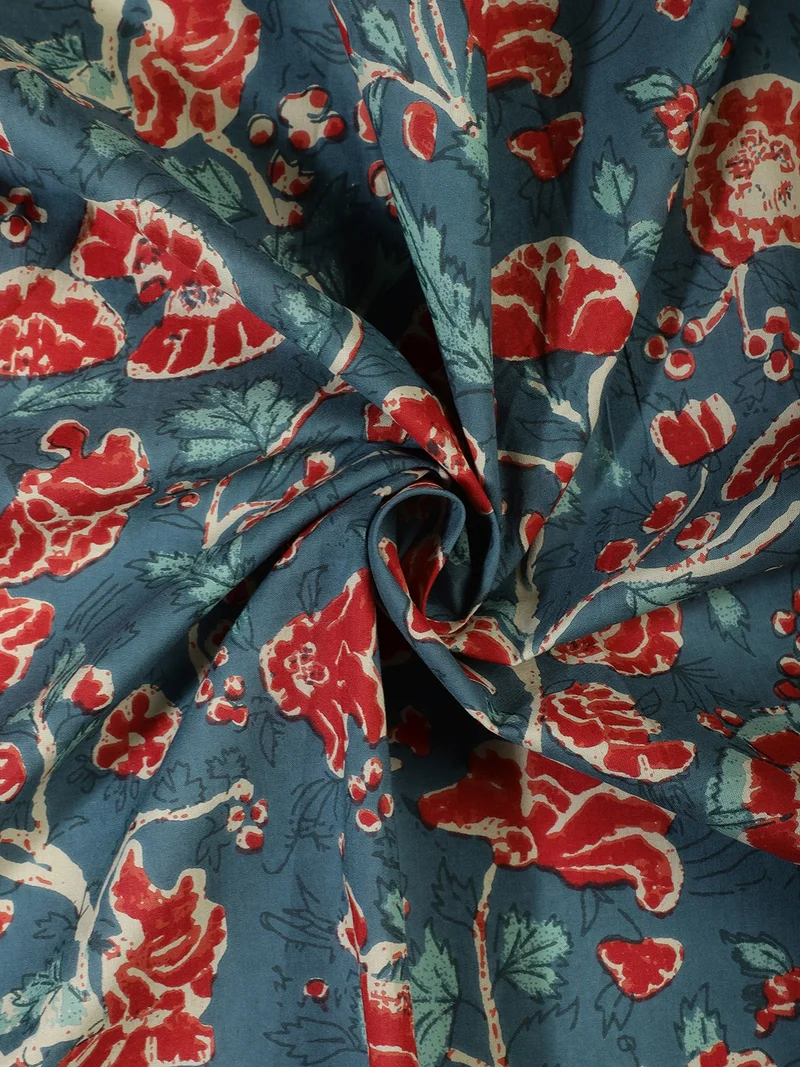 أيه كيه إس Teal & Crimson Hand-Block Fabric, One Meter