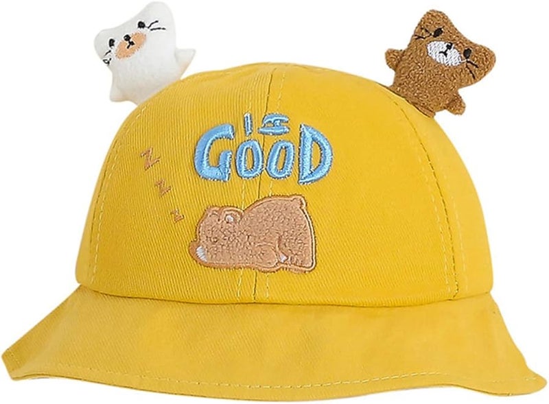 Cartoon Bear Sun Hat For Kids Wide Brim Bucket Hat Yellow - Image 1