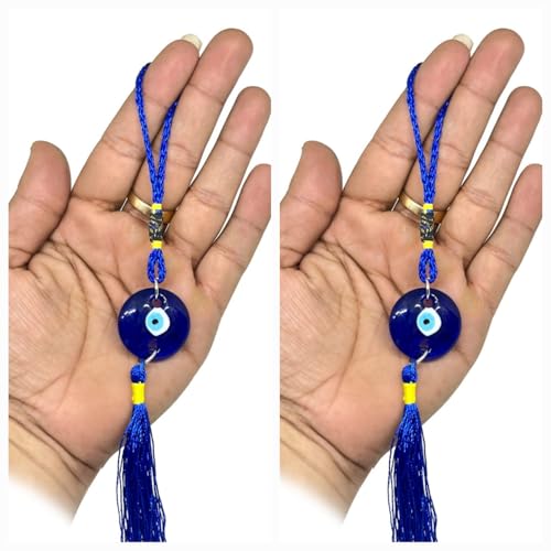 DT DECTONE Handcrafted Evil Eye Hanging Protective Home Decor with Blue Nazar Beads, Evil Eye Hanging for Car and Home Enterence, Fengshui Item for Positive Energy Wall Hanging (2 Round Evil Eye) - Image 1