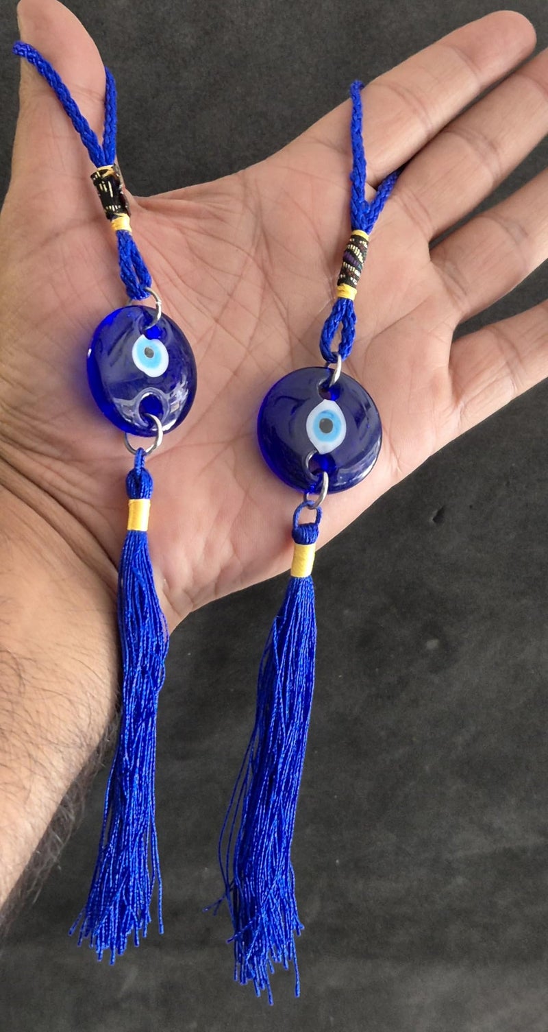 DT DECTONE Handcrafted Evil Eye Hanging Protective Home Decor with Blue Nazar Beads, Evil Eye Hanging for Car and Home Enterence, Fengshui Item for Positive Energy Wall Hanging (2 Round Evil Eye) - Image 4