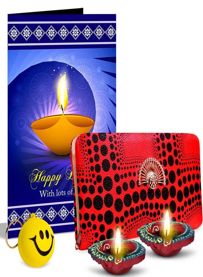 Alwaysgift Happy Diwali with Lots of Love 2 Diyas, Ladies Wallet, Smiley Keychain,s & Greeting Card Hamper - Image 1