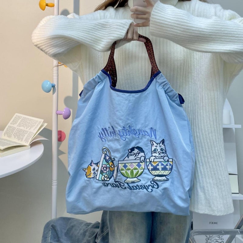 Japanese-Style Ins Shiba Inu Embroidered Eco-Friendly Tote Bag For Women, Large Capacity New Nylon Handbag, Versatile Student Bag For Women - Image 3