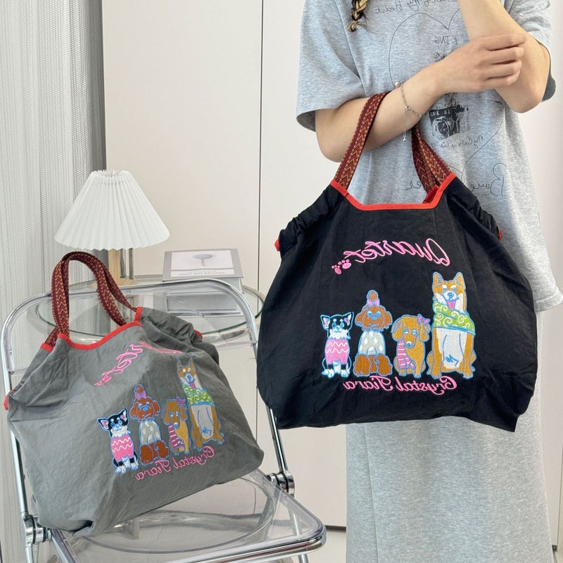 Japanese-Style Ins Shiba Inu Embroidered Eco-Friendly Tote Bag For Women, Large Capacity New Nylon Handbag, Versatile Student Bag For Women - Image 2