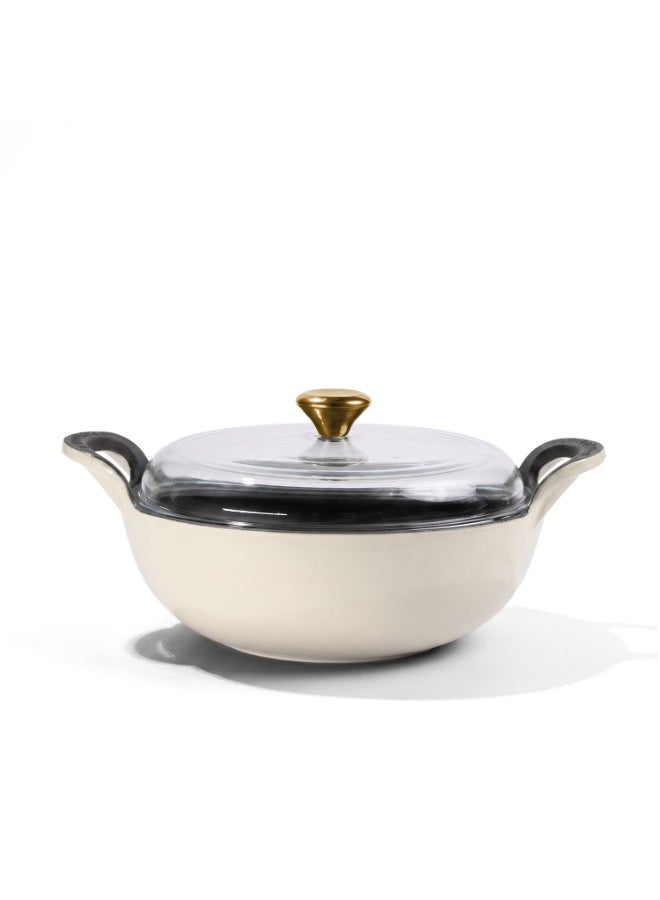 CUMIN CO. Cast Iron Kadai with Lid | 3L, 26 cm | Induction Base Cookware |10 Years Warranty | Non Toxic Heavy Bottom Kadhai for Frying | Chemical Free Coating | Free Accessories | White