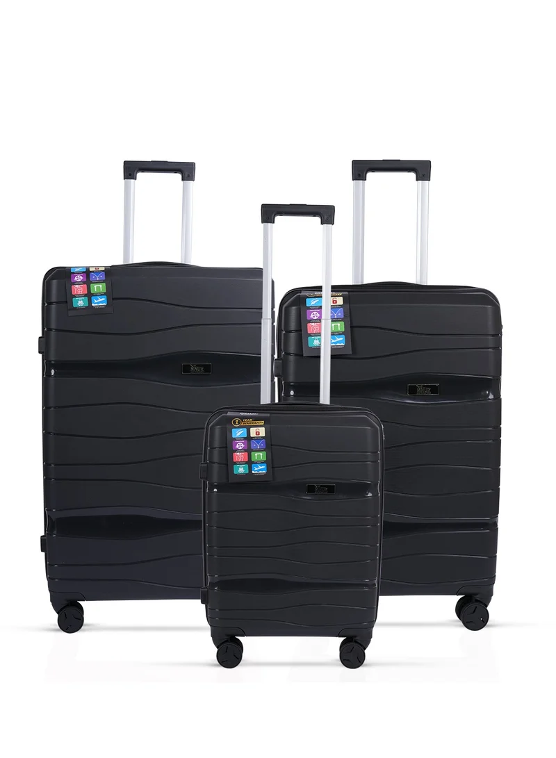 MNUK Viajero Set of 3 Luggage | PP Material Hard-side Smooth and Comfortable Luggage Trolley with TSA Lock | Double 360° 4 Wheeler| Cabin, Medium, Large| Black